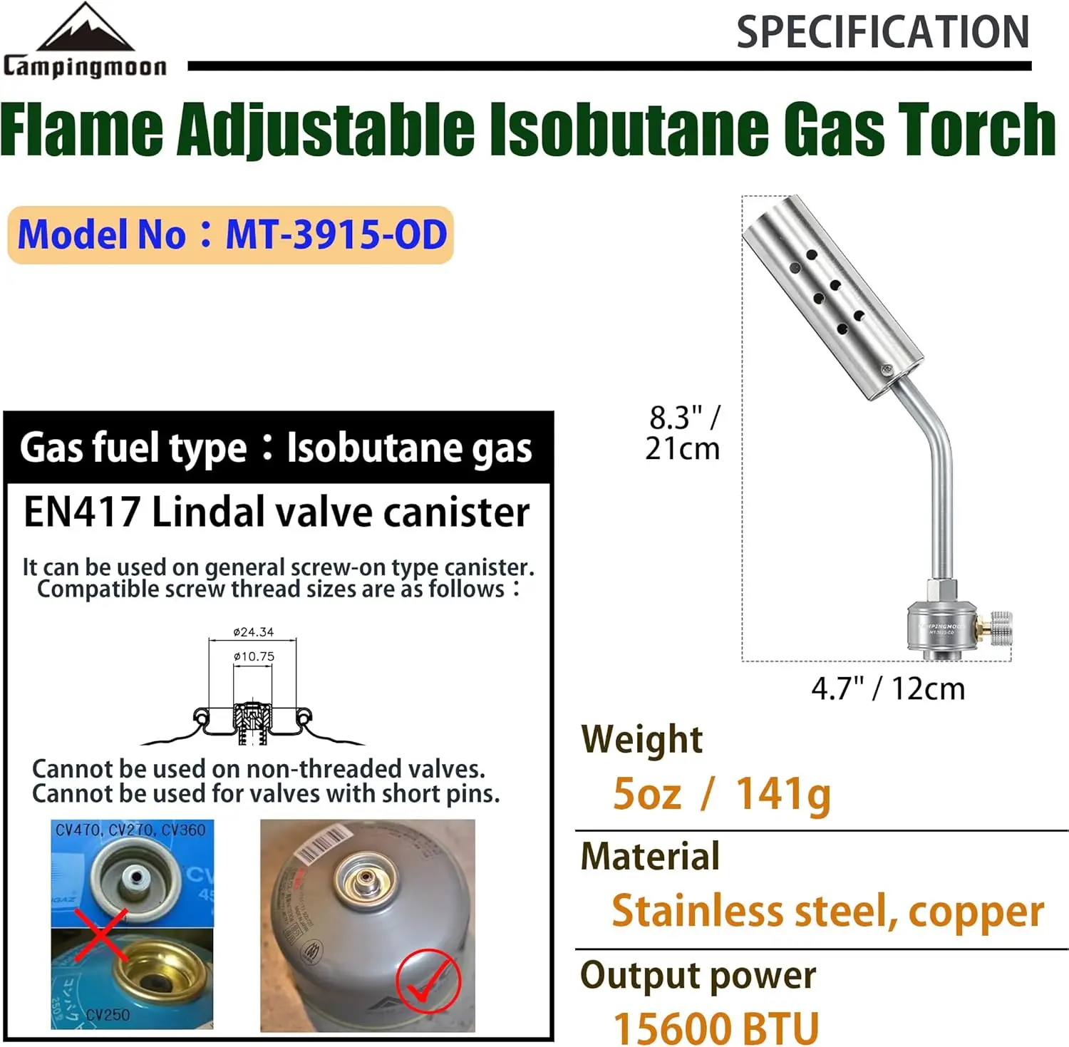 شواية شعلة غاز CAMPINGMOON MT-3915 مع التحكم في اللهب للشواء، نار المخيم، الموقد (وقود Isobutane، غير متضمن)