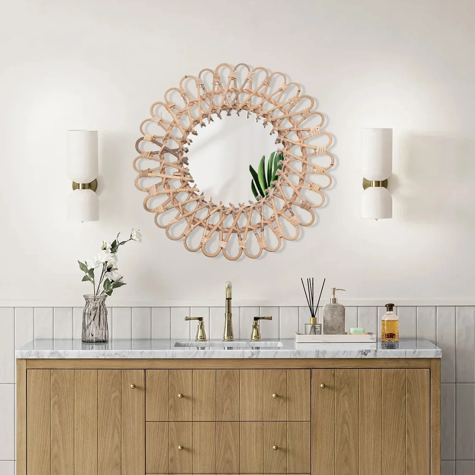

Round rattan wall mirror, creative decorative mirror, Nordic style, suitable for bathroom or hallway