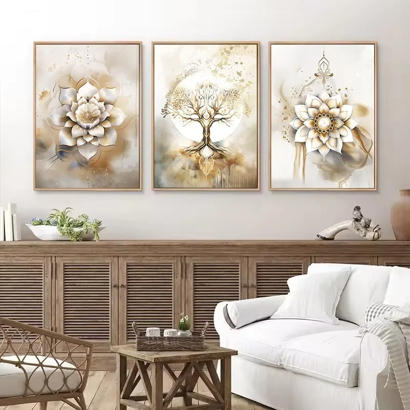 Watercolor Tree of life Lotus Mandala Mindfulness & Meditation Spiritual Zen Poster Wall Art Pictures Canvas Painting Home Decor