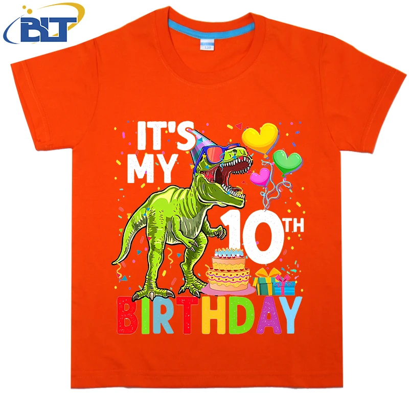 Camiseta con estampado de dinosaurio t-rex para niños, top informal de manga corta de algodón, adecuado para niños y niñas, feliz 10 cumpleaños, Verano