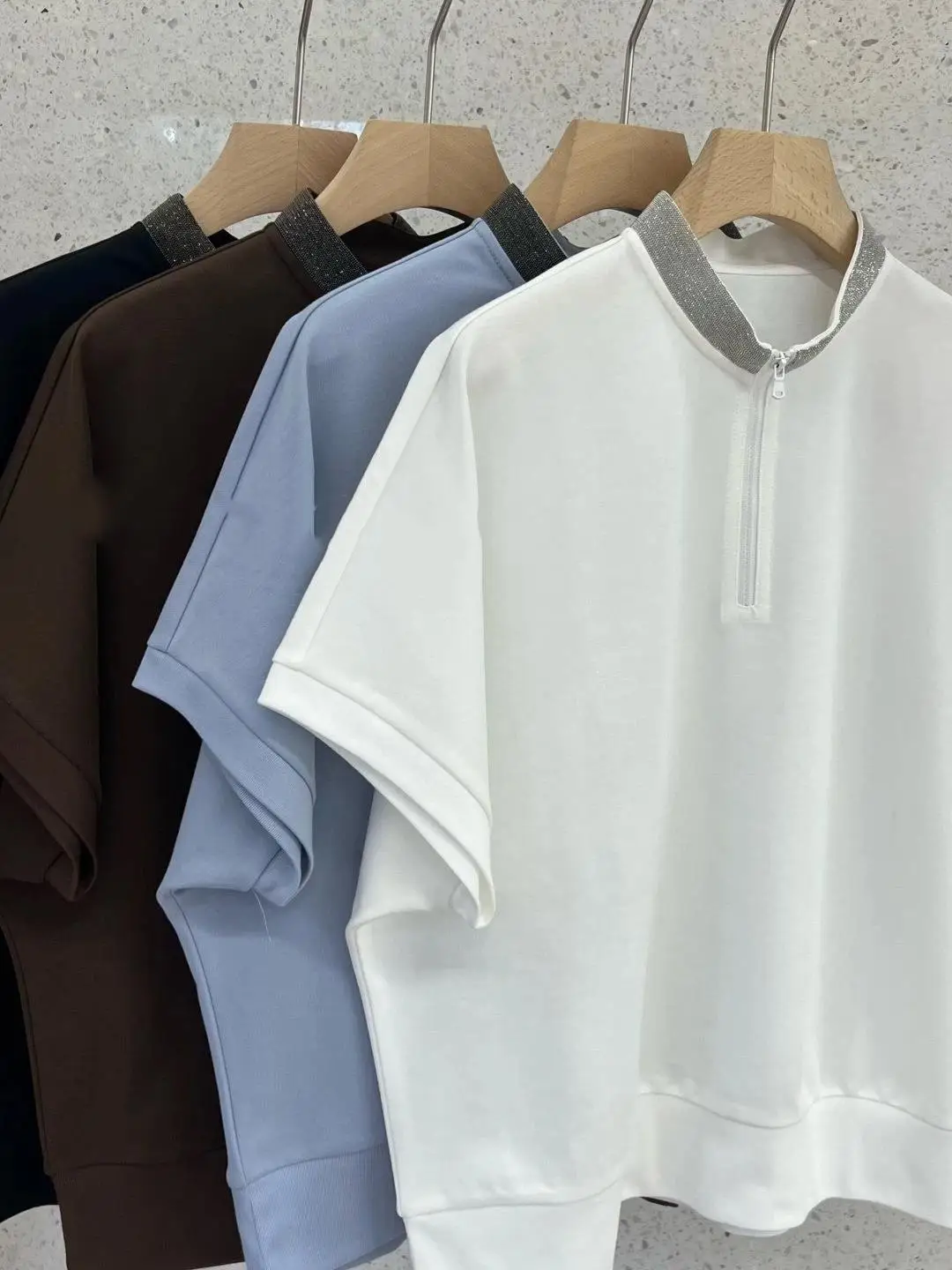 

Small stand up collar casual loose sports style half zipper horse cotton T-shirt stand up collar short sleeved versatile