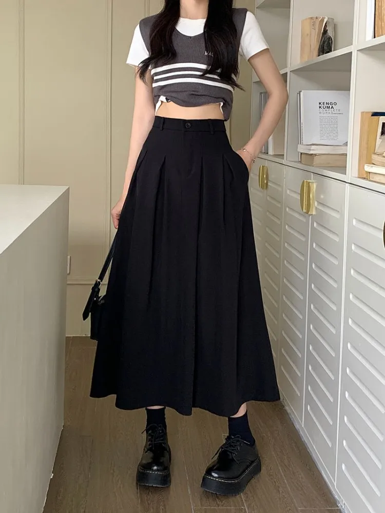 

S-XL 2XL Spring Autumn Female 2023 Women High Elastic Waist Suit Pleated long A line skirts womens Maxi Skirt Female (75081)