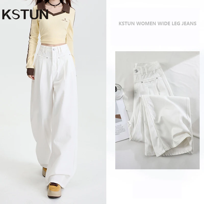 

KSTUN White Jeans for Women High Waist Wide Leg Pants 100% Cotton Straight Jeans Loose Fashion Front Pleated Streetwear Trousers