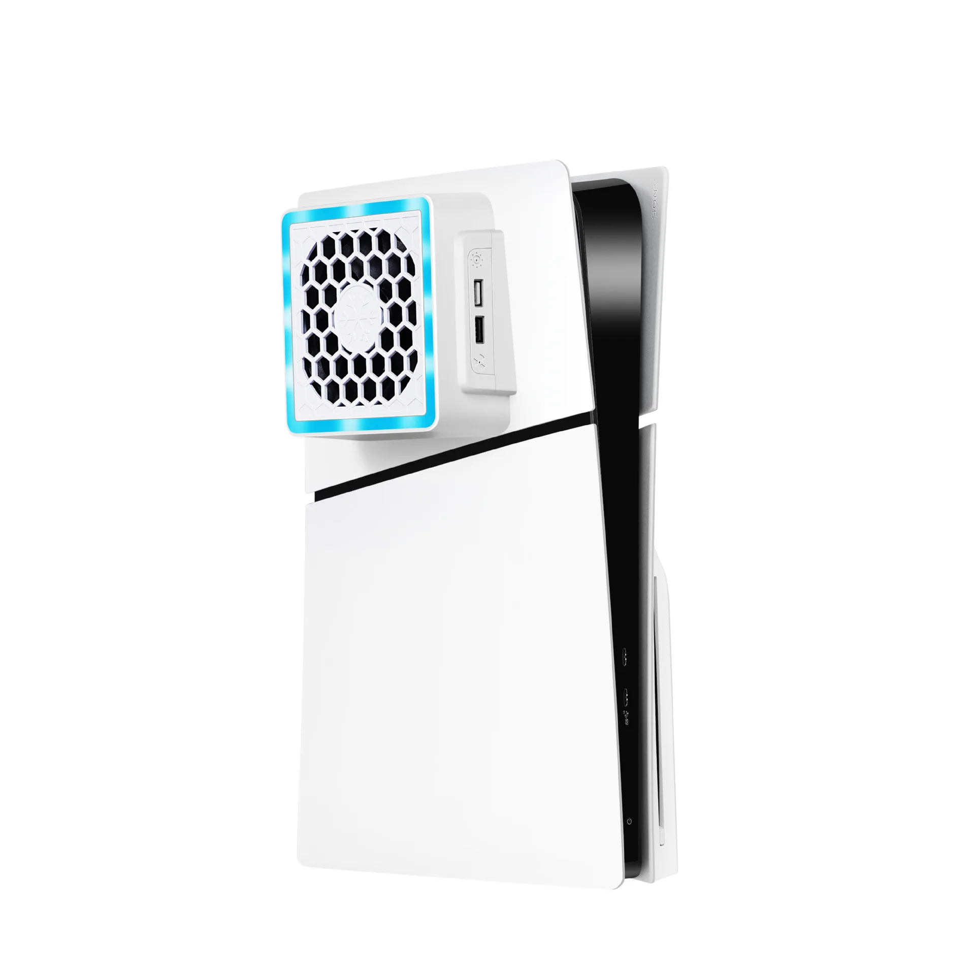 مروحة تبريد مثبتة على الجانب مع ضوء LED ومنافذ USB ووحدة تحكم الألعاب ومروحة تبريد جانبية لملحقات وحدة التحكم في الألعاب PS5 SLIM