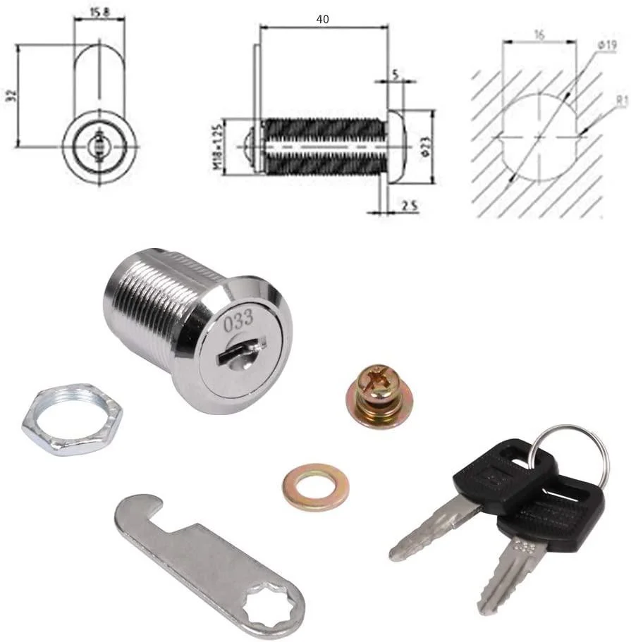 Drawer Cabinet Locking 19mm x 16(20/25/30/35/40)mm Thread Security Cylinder Cam Lock w 2 Keys