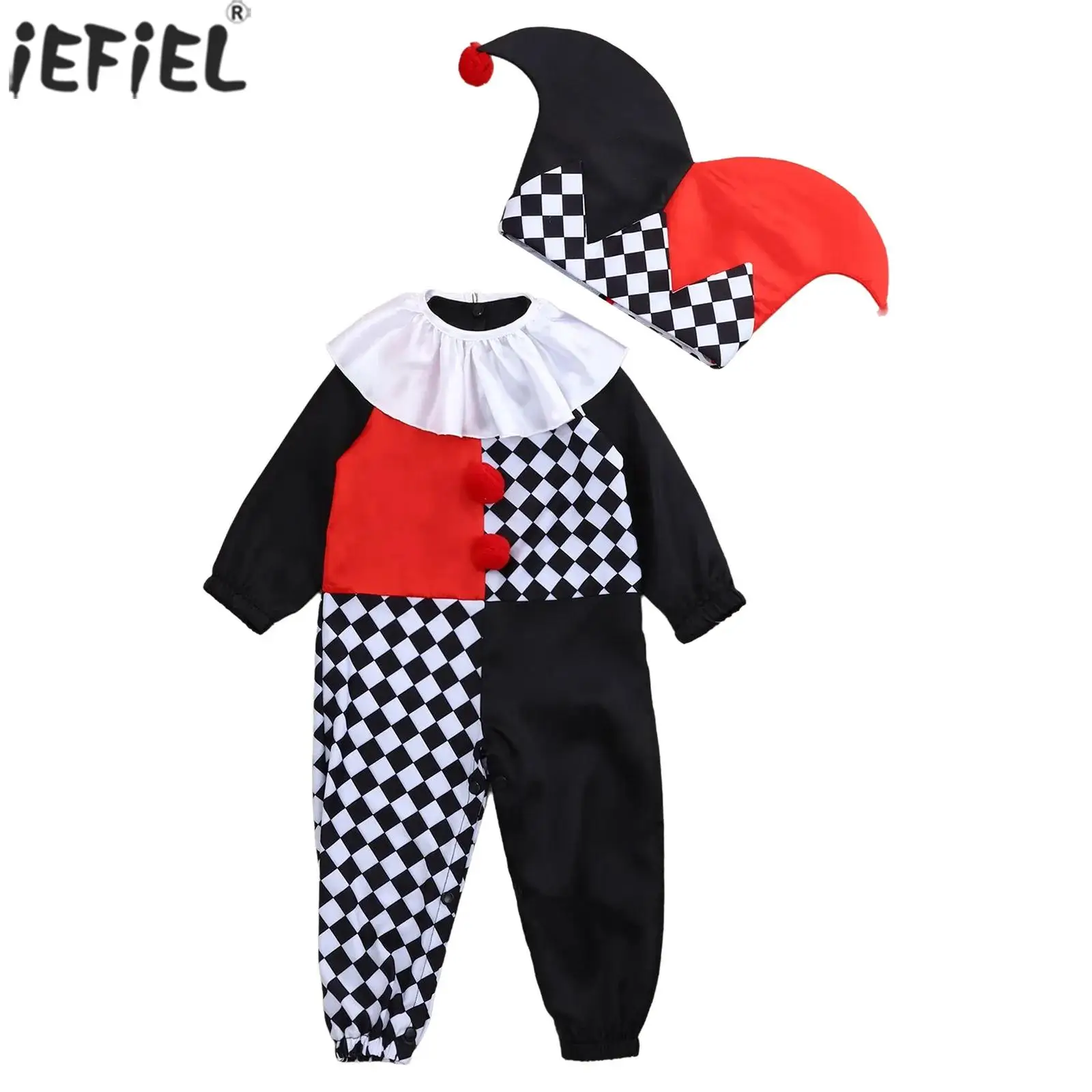 Baby Halloween Clown Costume Long Sleeve Pompom Plaid Jumpsuit Romper with Ruffle Collar Clown Hat Carnival Party Fancy Dress Up