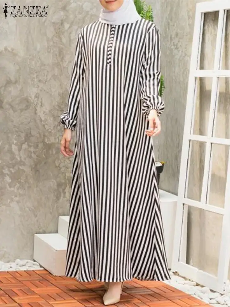 2024 ZANZEA Autumn Striped Maxi Dress  Women Long Sleeve Muslim Dress Abaya Dubai Sundress Robe Islamic Hijab Vestidos Kaftan