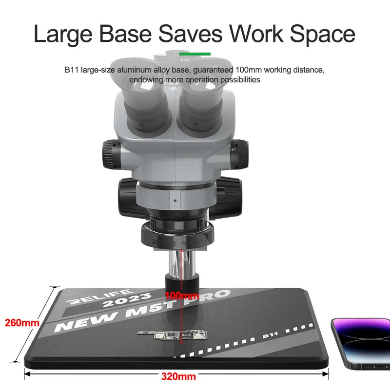 Microscópio trinocular HD RL-M5T Pro-B11 Novo design de aparência, ocular grande angular HD 10x, zoom 7-50 vezes, foco preciso。