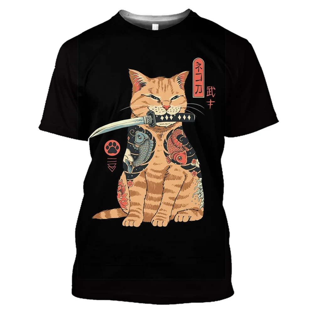 2024 Japanese Samurai Cat T-shirt Summer Tshirts New Men's T-shirt Casual Short Sleeve Sports Fitness Top Retro T Shirt For Men