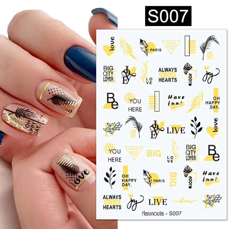 Harunouta Gold Black Bronzing Leaves Tree 3D Nail Sticker Geometrics Lines Letter Adhesive Transfer Sticker DIY Nail Decoration