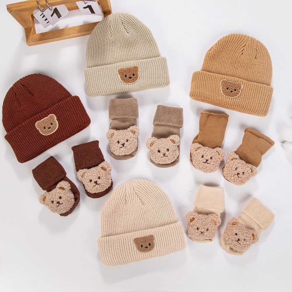 

Baby Winter Warm Thicken Set 2Pcs Knitted Beanie & Bear Plush Socks for Infant Boys Girls 0-12M