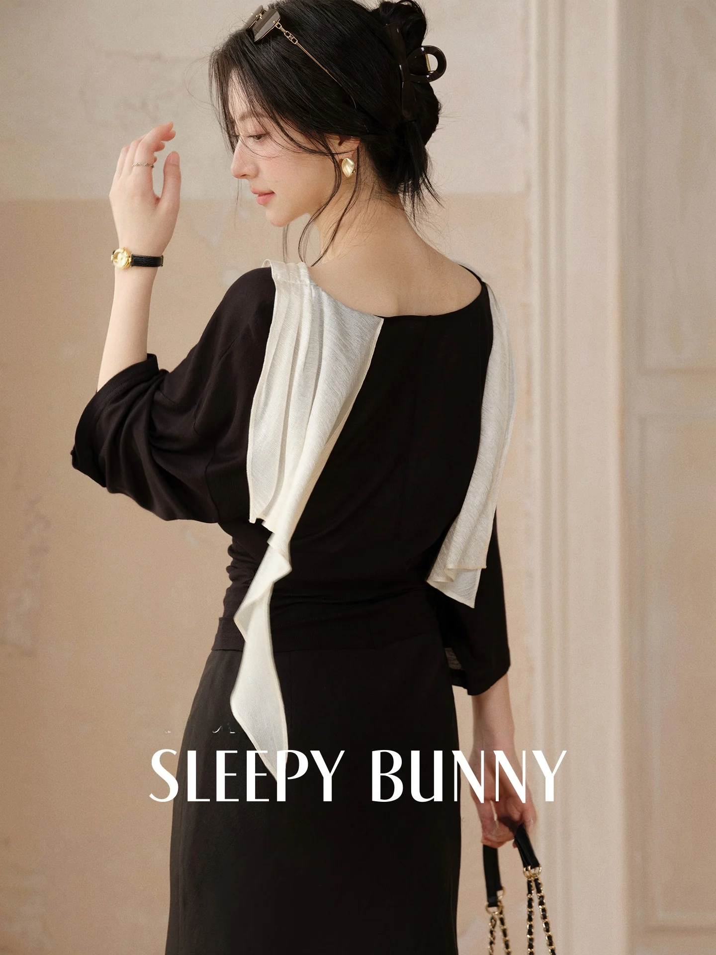 

Spybunny Color Block Halter Neck Pleated Fake Two-Piece T-Shirt Women Summer High Waist Fish Tail Skirt Ensemble