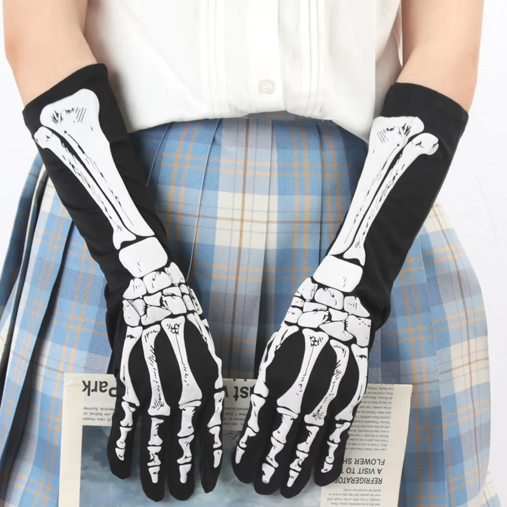 Halloween Printed Skull Cosplay Full Finger Gloves Women Dance Party Props Clothing Terror Gloves Accessory Adult