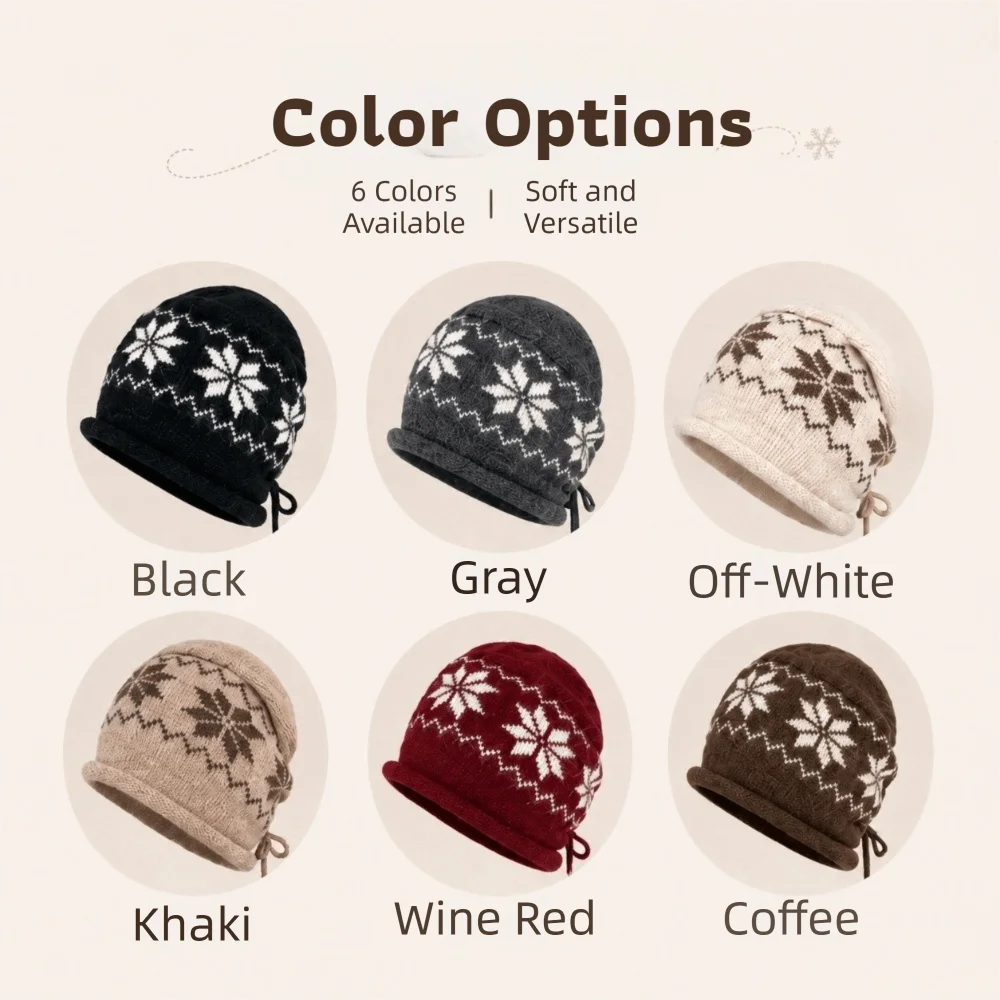 Fashion Drawstring Knitted Hat Snowflake Printed Keep Warm Beanies Hat Skullies Cap Autumn