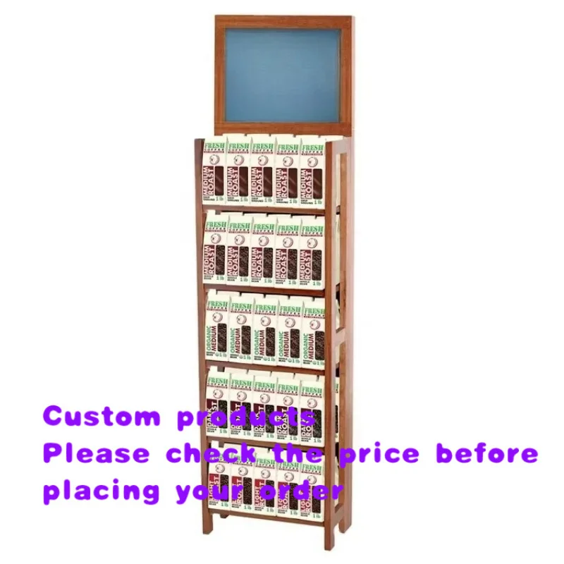 custom.Supermarket Promotional Recyclable Wooden Floor Standing Coffee Display Stand with Design and Custom Size Option
