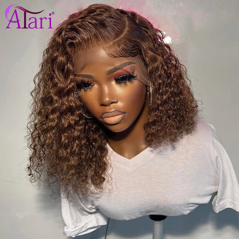 Chocolate Brown Jerry Curly Short Bob Human Hair Wigs Transaprent 13x4 Lace Frontal Pre Plucked Bob Wig for Women 180 Density