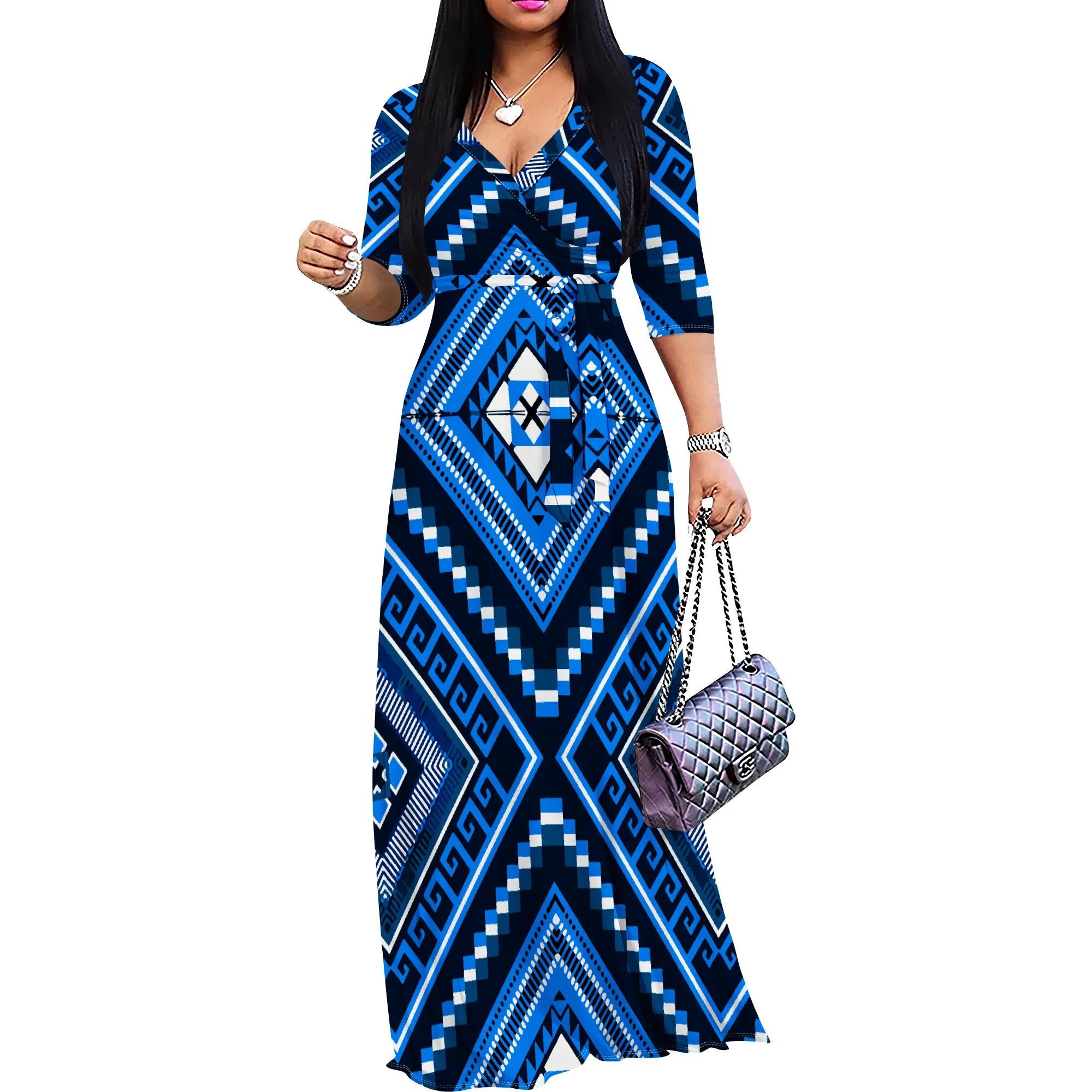 Women's Floral Print Maxi Party Dresses Summer Casual 3/4 Sleeve V-Neck Wrap Tie Waist Long Dress