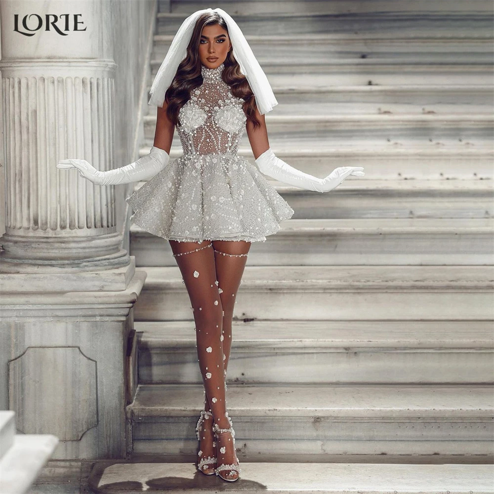 

LORIE Glitter Lace Wedding Dresses A-Line Knee Length High Neck Appliques Bridal Gowns 2023 Saudi Arabia Bride Dress No Gloves