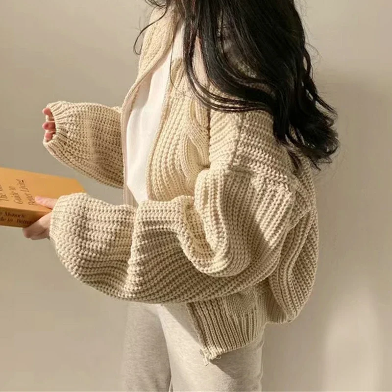 EVNISI Women Zipper Rib Loose Cardigan Coat Lantern Sleeve Knit Warm Sweater Coat Solid Women Fall Winter Casual Office Jacket