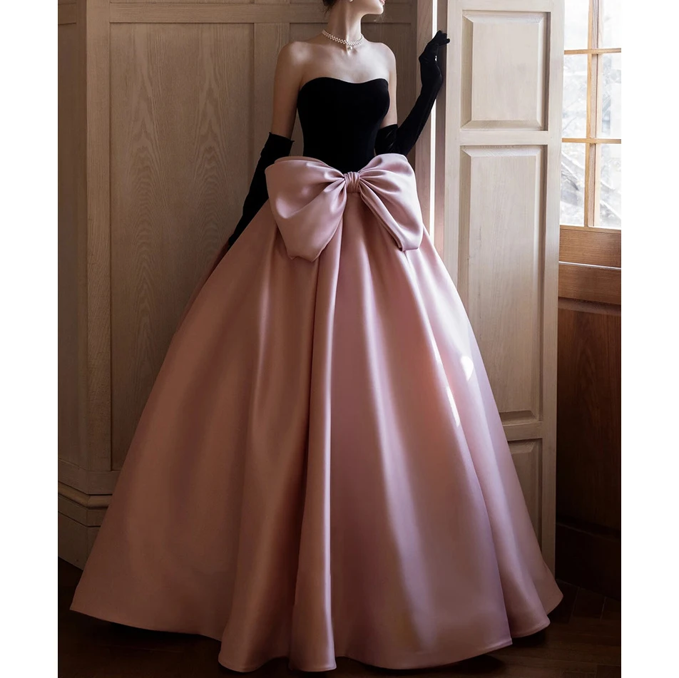 Women Evening Dress Bow Light Luxury Niche French Black Pink Patchwork Engagement Banquet Host Birthday Party Bride Toast Dress