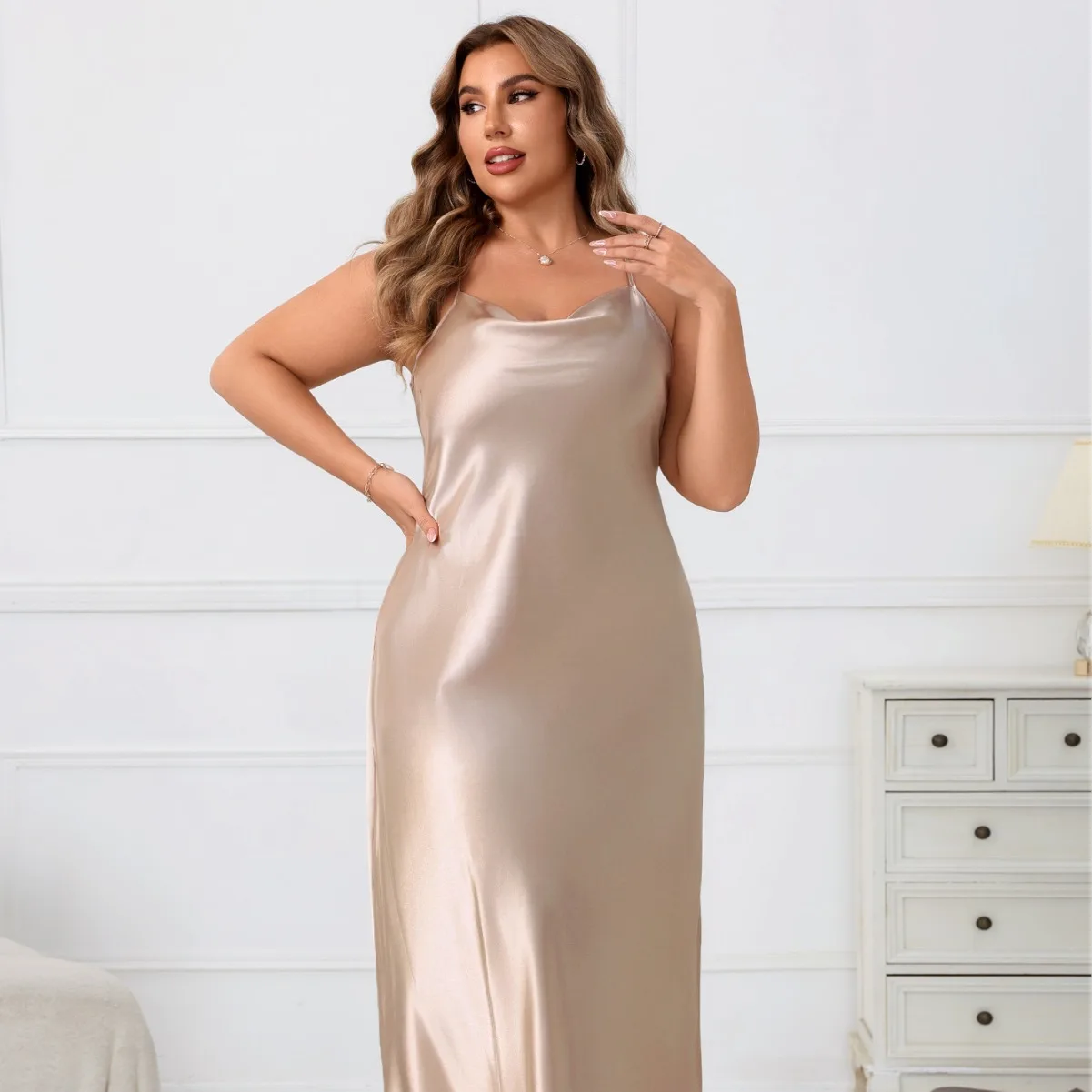 2026 Sleep woman Large size Sleepshirts women's home wear solid color long casual elegant light luxury lazy suspender nightgown