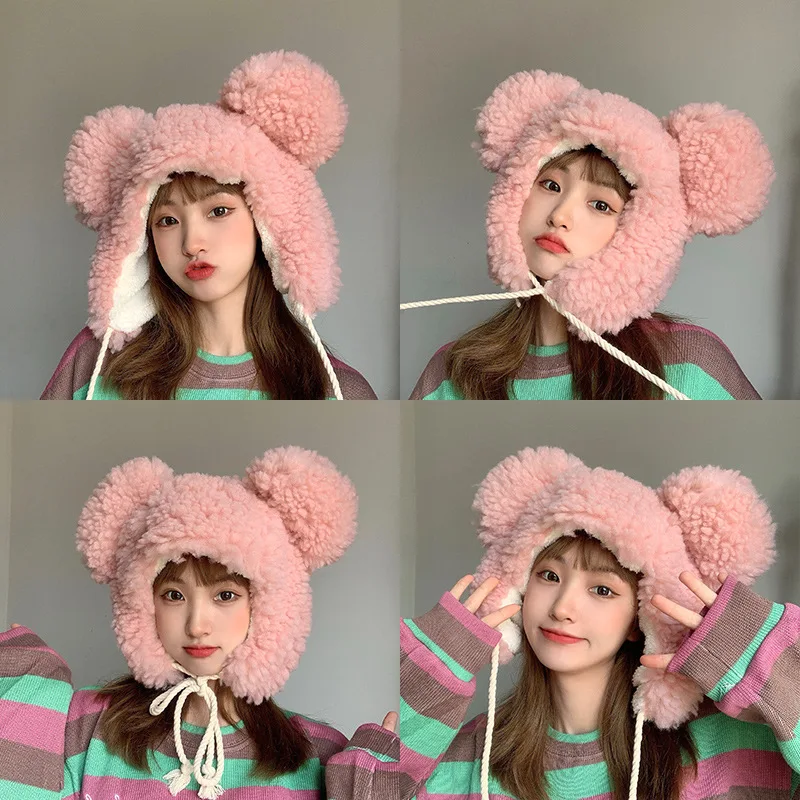 New Big-ear Bear Cashmere Bomber Hats Women Fluffy Hat with Ears Autumn Winter Cute Pullover Earmuffs Warm Cap Bandage