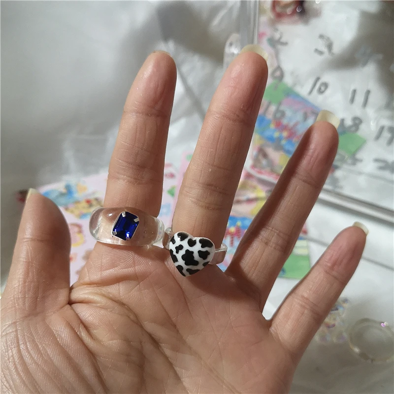 Kpop Cute Goth Purple Transparent Bear Heart Resin Acrylic Bead Rings Set For Women Egirl BFF Y2K EMO Finger Aesthetic Jewelry