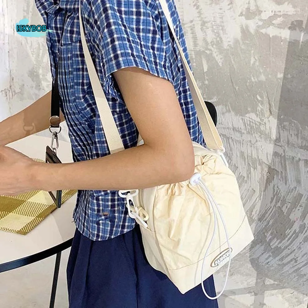 

Large Capacity Drawstring Crossbody Bag Anti-splash Water Dopamine Oxford Cloth Shoulder Pouch Solid Color Japanese Style