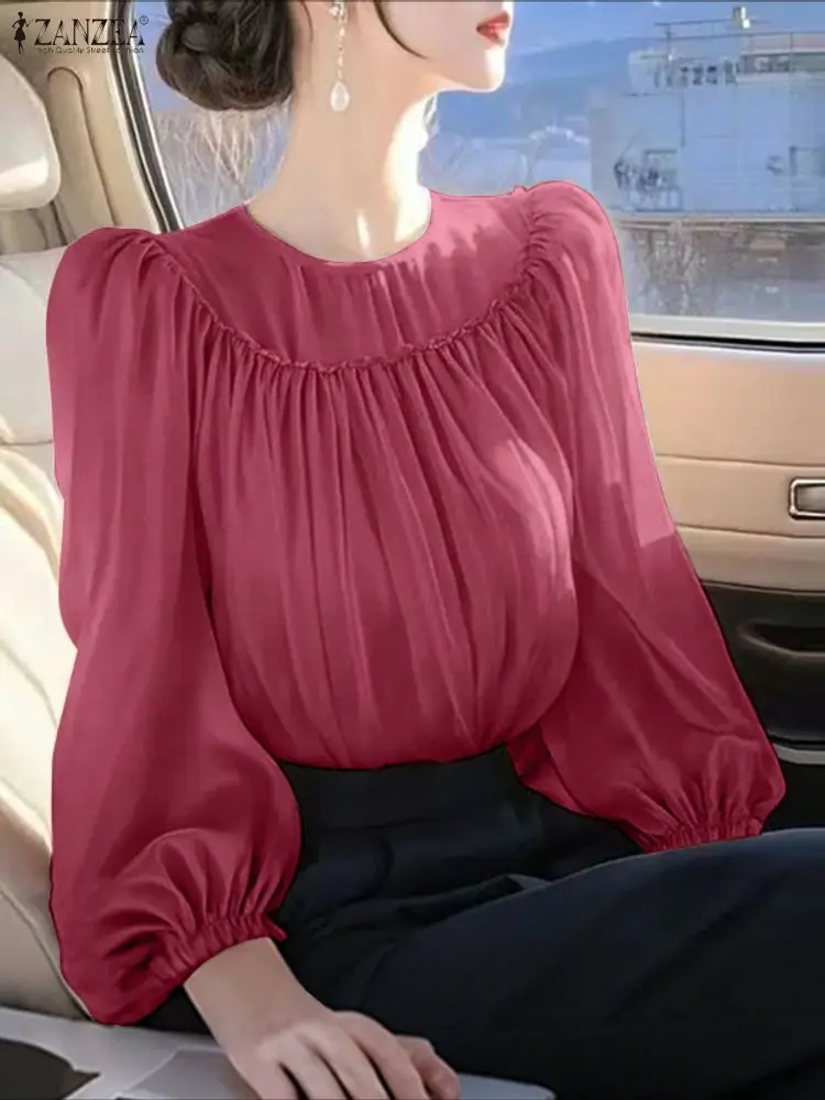 ZANZEA Camicie moda Donna Manica lanterna Camicette solide Manica lunga Increspato Autunno Top Chiffon Elegante Ufficio Casual Blusas