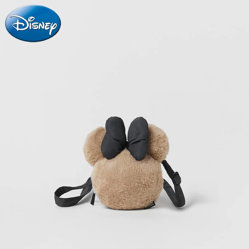 Disney Winter New Minnie Khaki Plush Shoulder Bag Bow Mini Mini Children Toddler Soft Crossbody Bag Girls Cute Small Bag