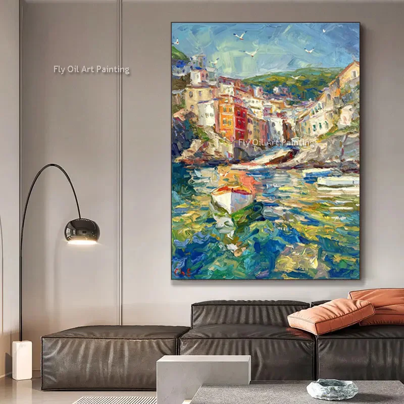 Boat On The River Canvas Wall Art Cityscape Venice Thick Oil Painting Handmade Beautiful Modern Building By River Artwork Decor