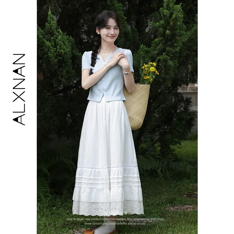 

ALXNAN White Skirt Cotton 100% Long Embroidered Women Summer Skirts 2026 Elegant Elastic Waist Loose-fit Female Clothing VL52990