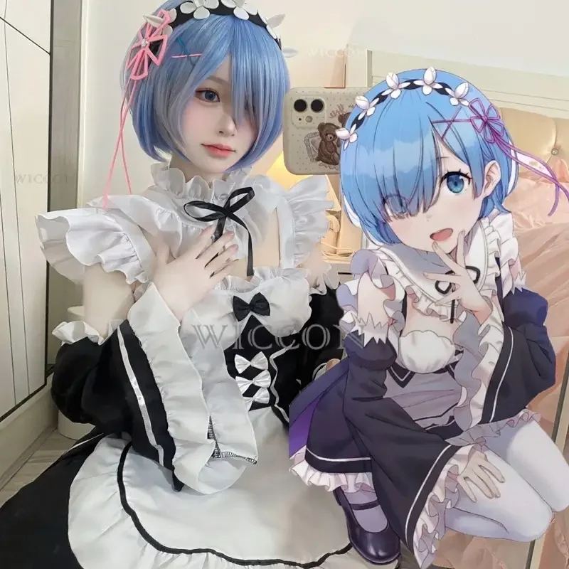 ชุดคอสเพลย์คอสเพลย์ Ram REM Lolita สำหรับแม่บ้านวิกผมอะนิเมะ Re: ZERO Kara hajimeru isekai seikatsu ชุดแม่บ้านฮาโลวีน