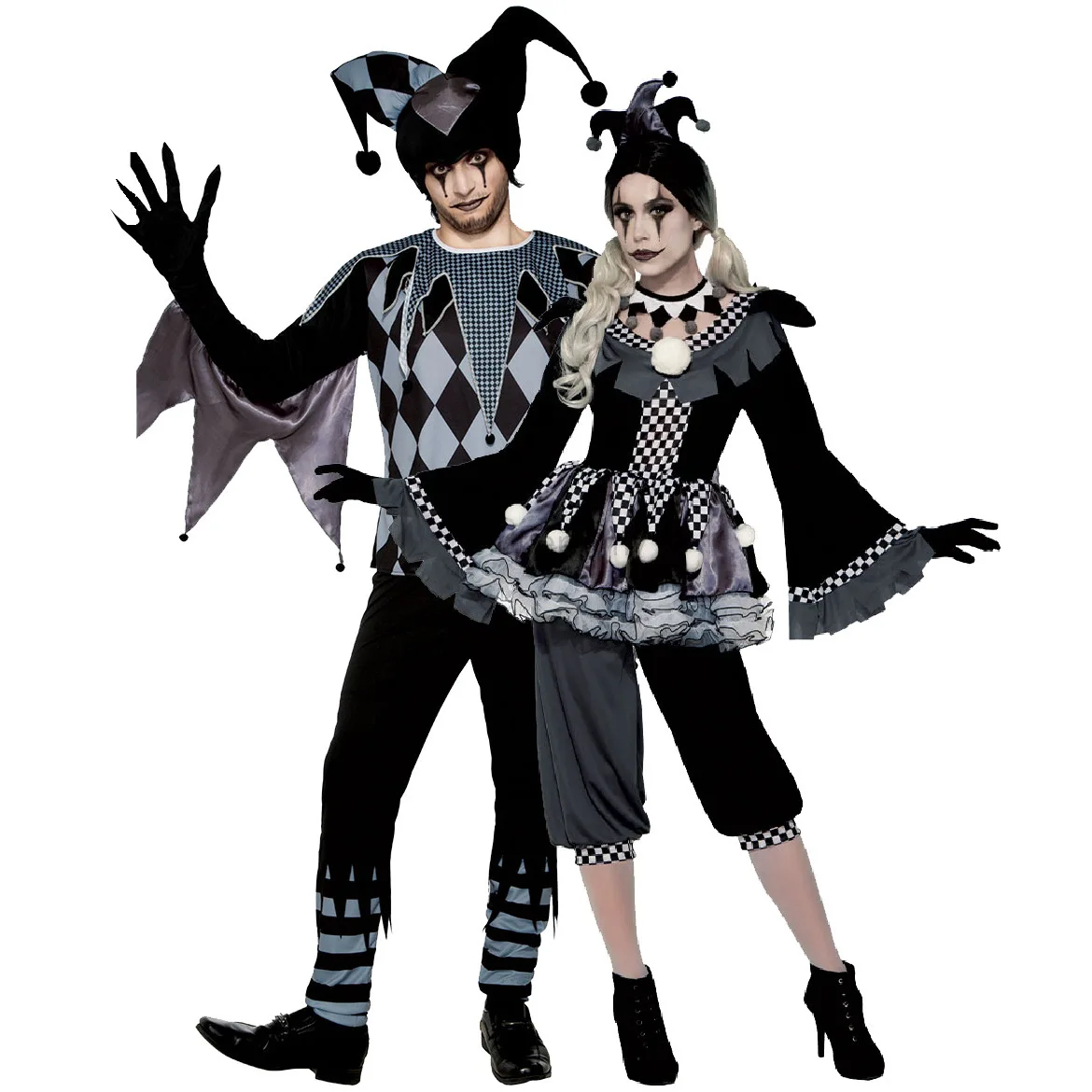 

Cosplay Adult Circus Scary Clown Black White Costume Set Women Men Halloween Carnival Fancy Dress Up Masquerade Party Disfraz