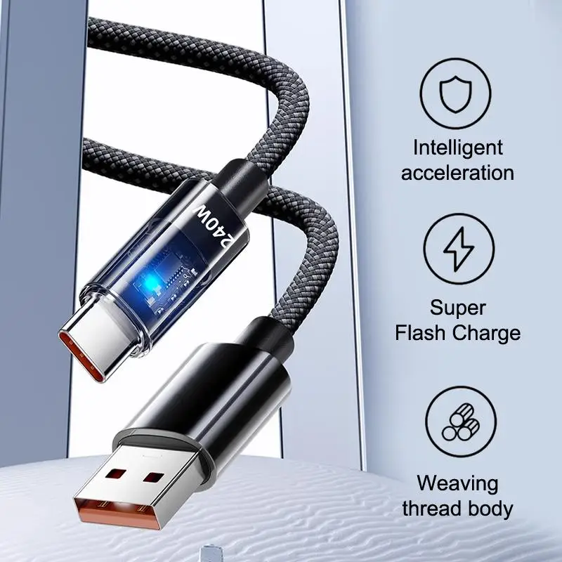 Nylon Type C USB Cable 240W Super Fast Charging USB C Phone Charger Data Line For   Huawei Quick Charge Cables