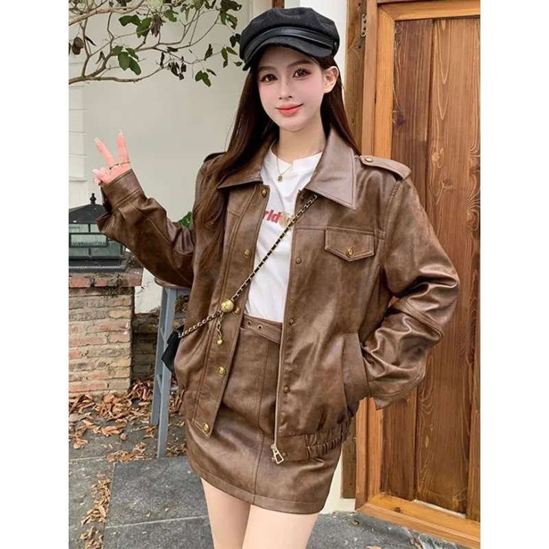 Maillard Wears A Brown Leather Jacket for Women Fall 2024 New Vintage Premium Slimming All-in-one Jacket Winter Clothes Women