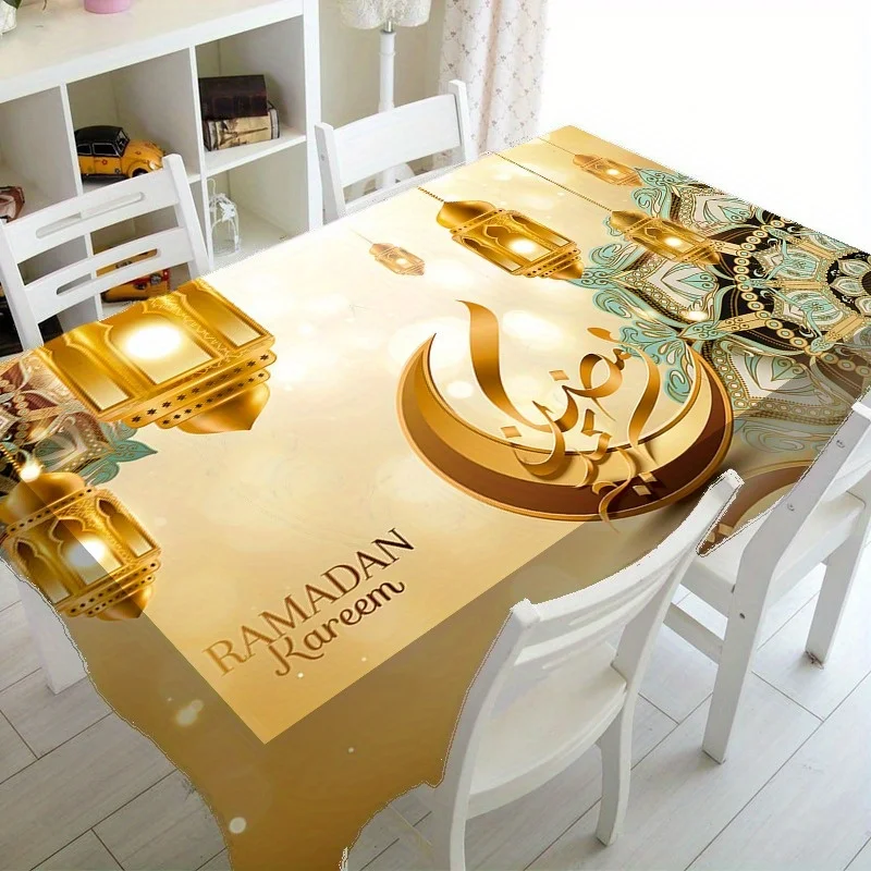 Ramadan Kareem Tablecloth Shiny Golden Moon Cutout Mandala Pattern Polyester Festive Home & Kitchen Decor for Eid Table Runner
