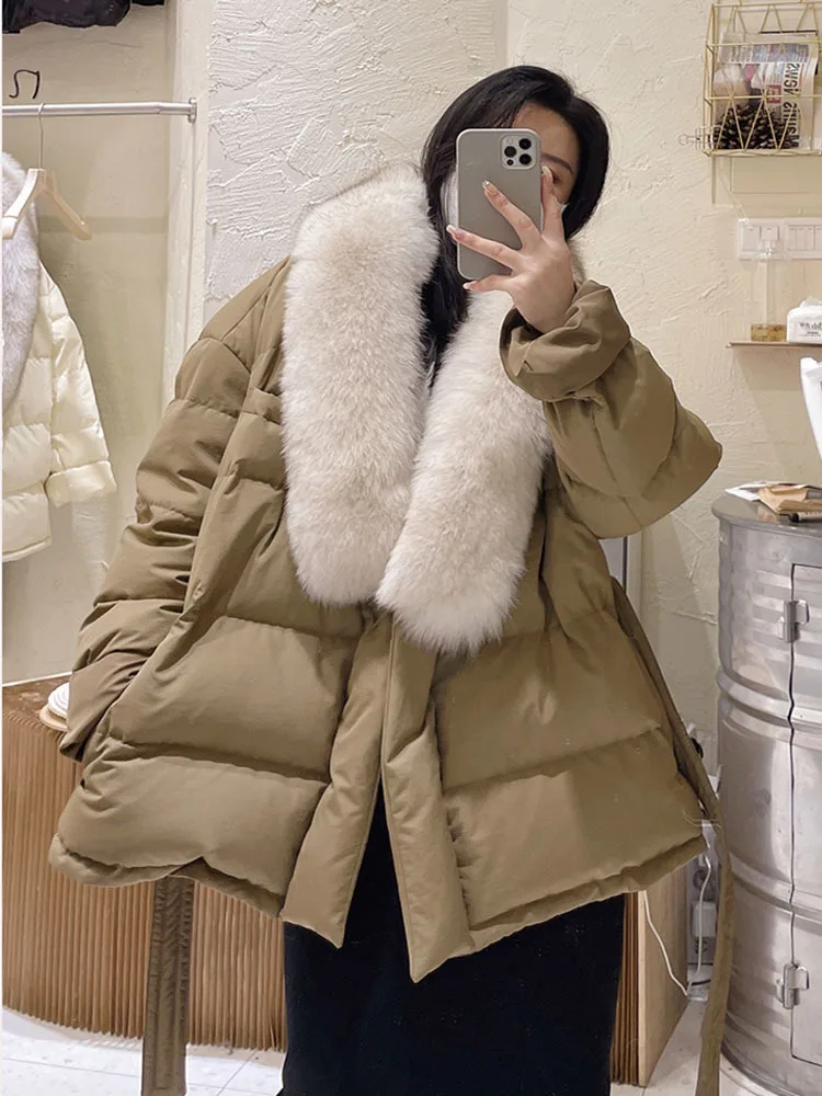 Big Real Fox Fur 2022 Fashion Winter 90% Duck Down Jacket Women Slim Fit Waist Tie Short Puffer Coat Female Feather Parkas