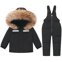 OLEKID 2024 Winter children Boys Ski Suit Real Fur Warm Down Jacket Coat + Overalls For Girl 1-5 Years Kids Baby Girl Snowsuit