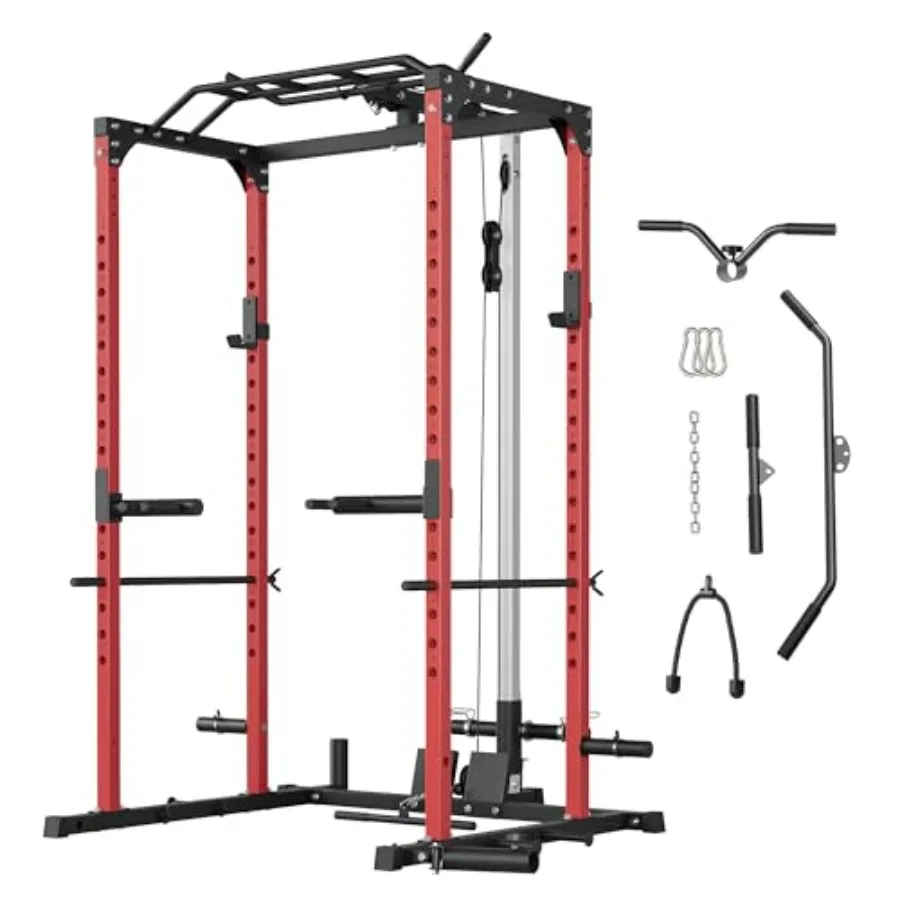 

Power Cage Multifunctional Power Rack for Home Gym with LAT Pulldown and Pull-Up Bar 1600LBS Ccity Steel Frame Black Durable St