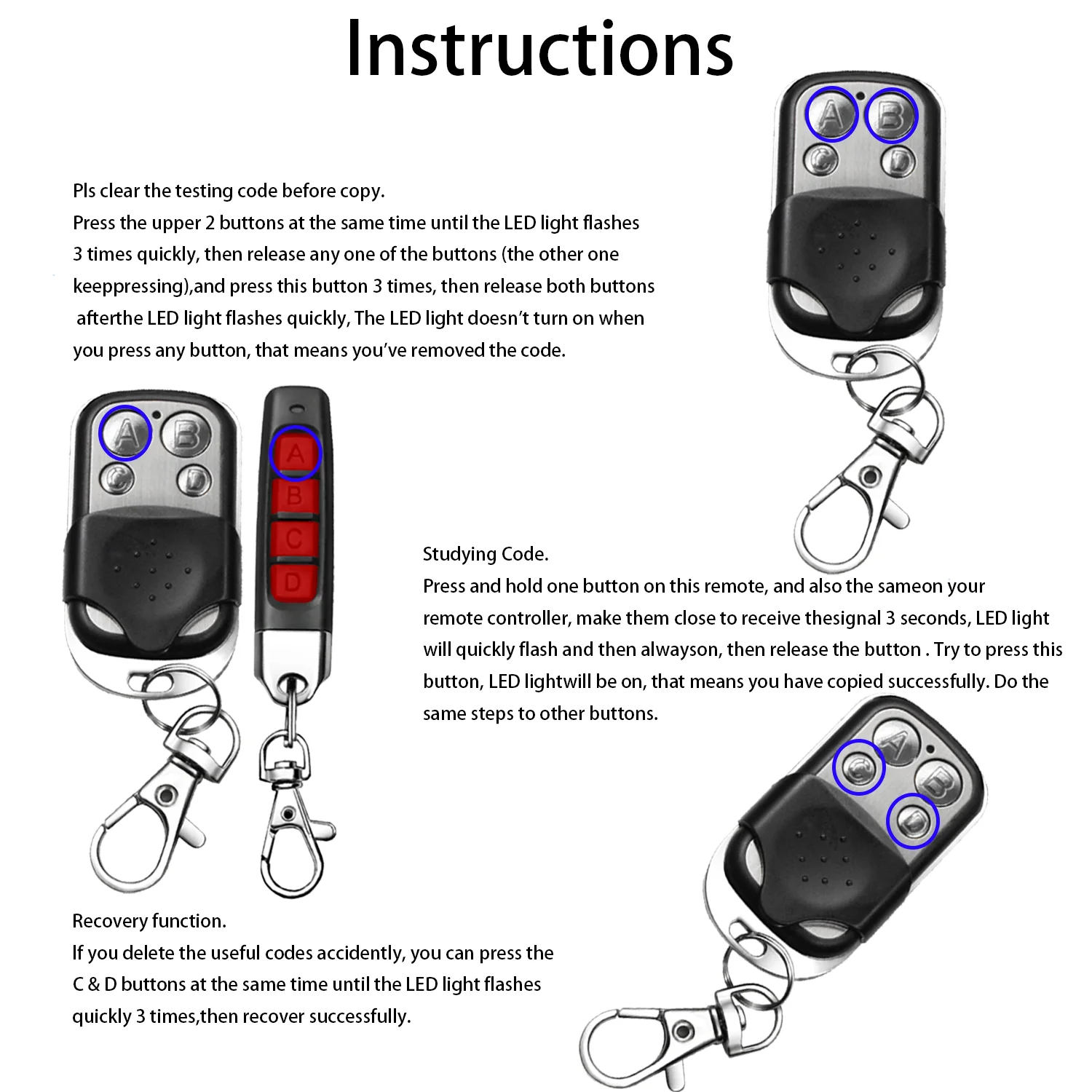 JZFY 433MHz Remote Control Cloning Copy Clone Code  RF 4 Button Duplicator Electric Garage Door Gate Opener Transmitter