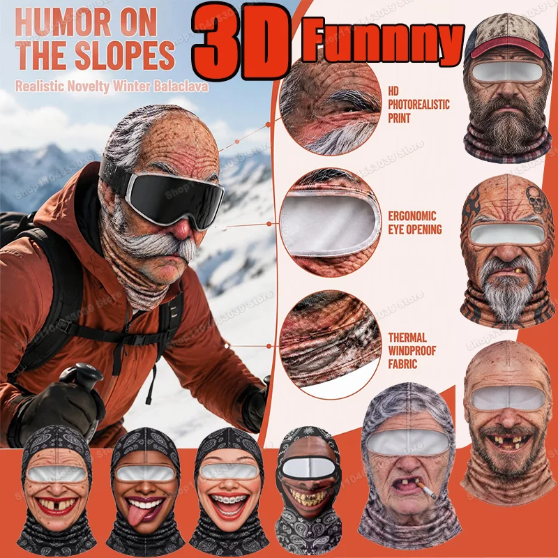 Winter 3D Face Printed Old Man Balaclava Full Coverage Breathable Eye Hole Face Mask White Mustache Elastic Ski Mask Hood 2027