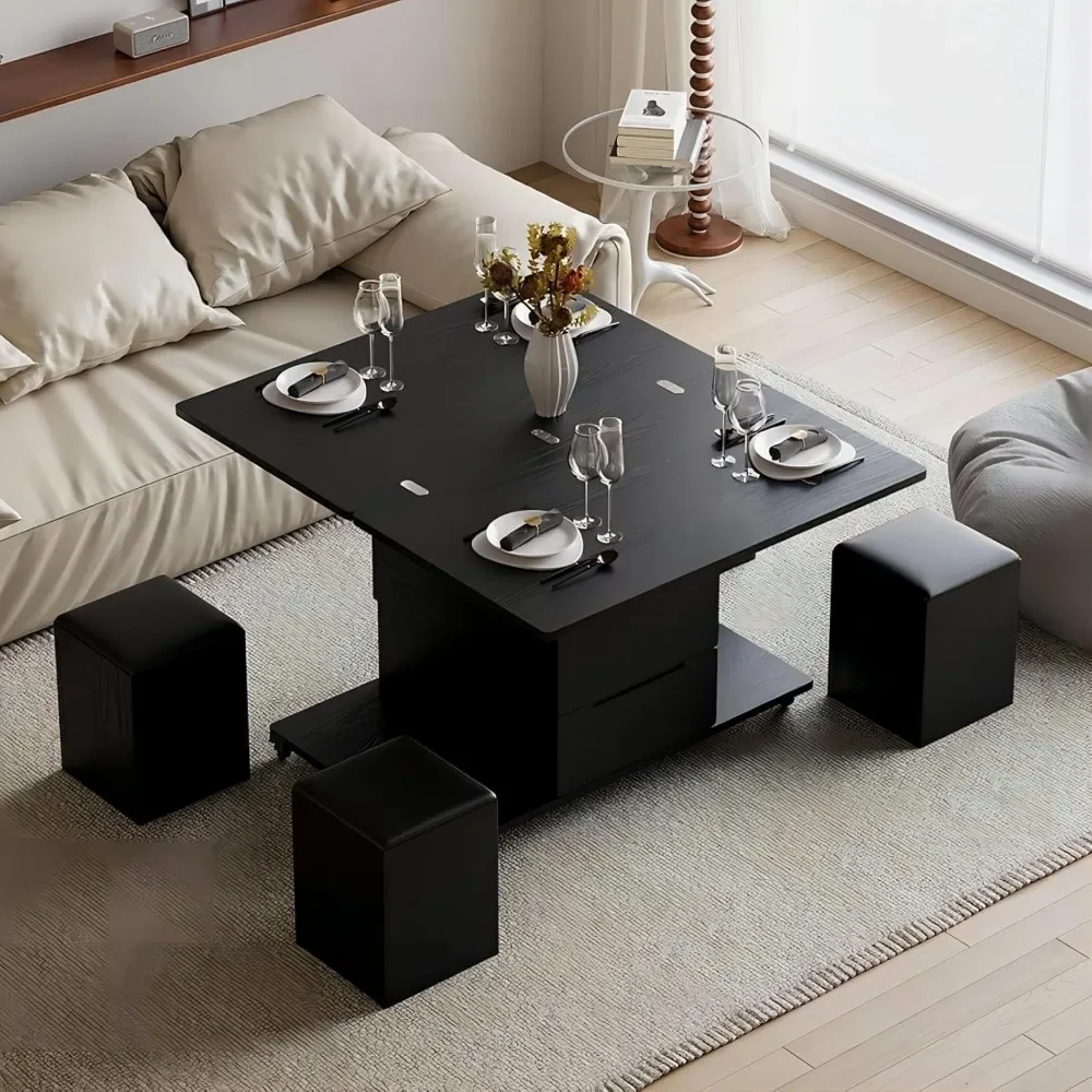 Mesa de centro elevable negra con almacenamiento oculto, mesa de centro moderna multifuncional 3 en 1 con 4 taburetes y ruedas bloqueables |