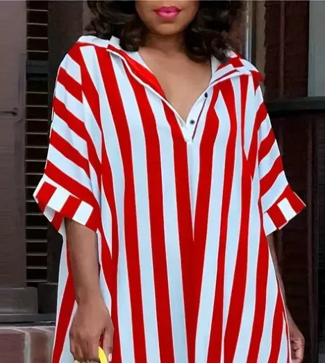 Fashion Striped Loose Shirt Dresses for Women's Summer Short Sleeve Casual Printed Simple Elegant Female Holiday Dress