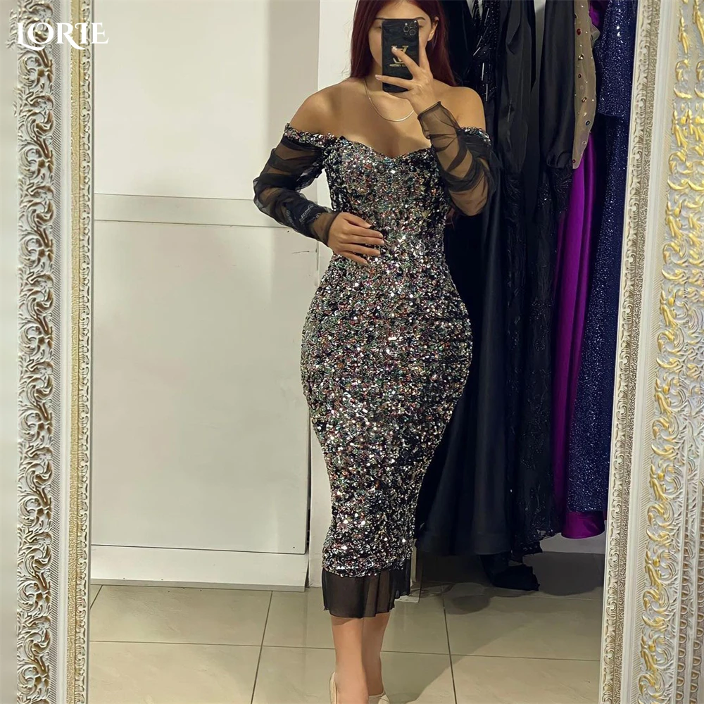 

LORIE Luxury Glitter Evening Dresses Sparkly Off Shoulder Sexy Dubai Tulle Sleeves Prom Dress Arabia Tea-Length Party Gowns
