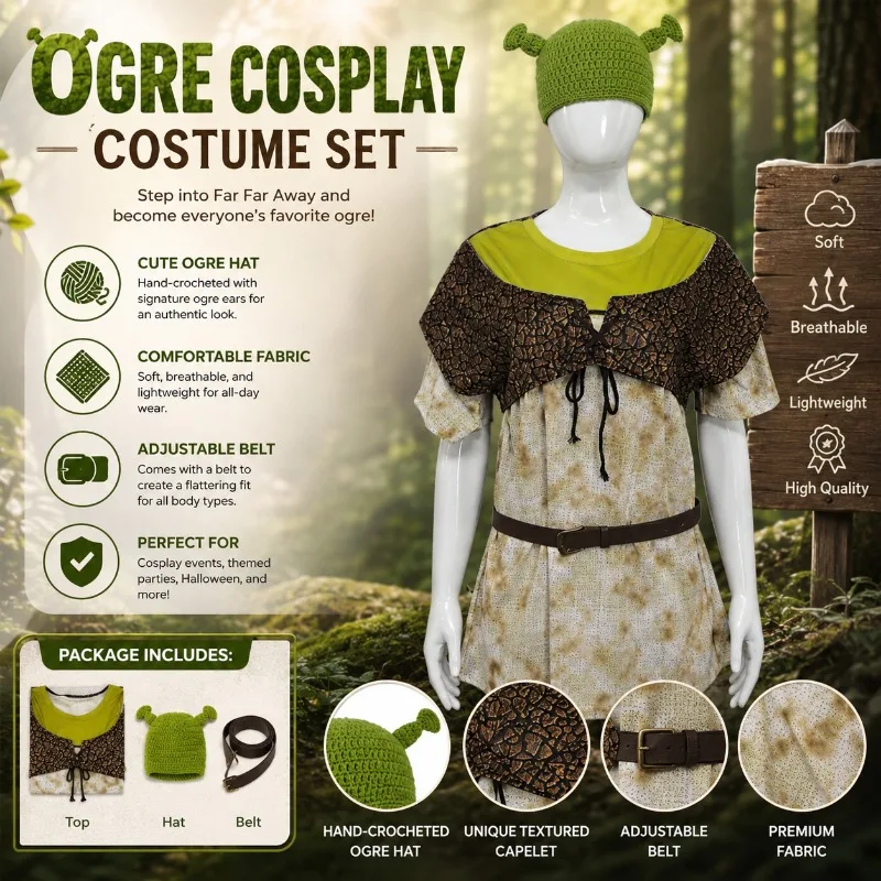 

Adult Ogre Cosplay Costume Set Animated Movie Inspired Shirt Vest Outfit with Knitted Ear Hat for Halloween Party