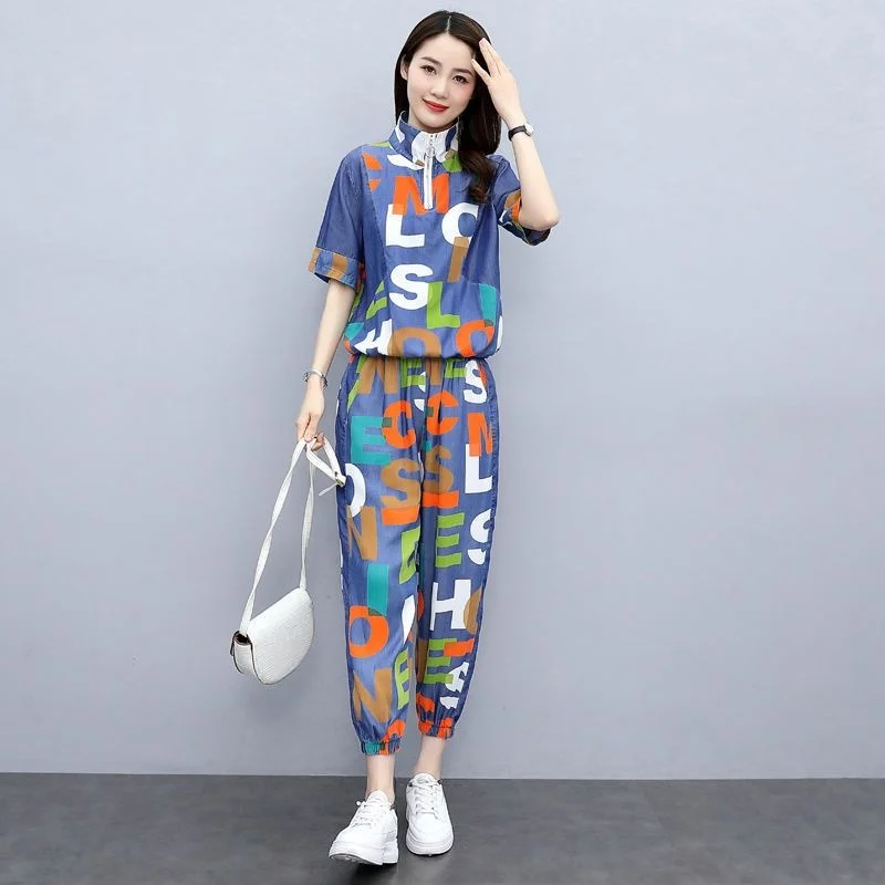 Women\'s Casual Sports Suit 2022 Spring Summer New Clothes Mercerized Denim Loose Printing Short Sleeves Tops Pants Two Piece Set