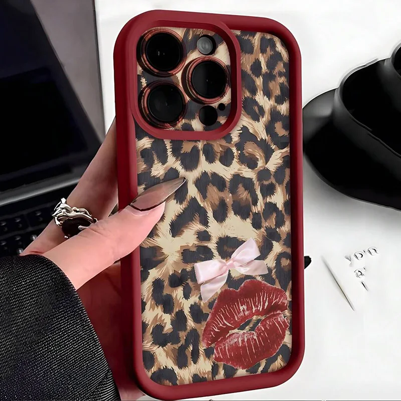 الفهد طباعة الحيوان مثير أحمر الشفاه ربطة القوس فيونكة ليوبارد نمط جراب هاتف آيفون 16 برو ماكس 15 14 13 12 11 XS X XR 7 8 Plus غطاء #5