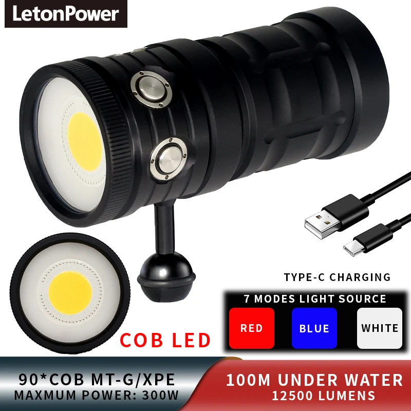 Waterproof Dive Torch Scuba Diving Light Subaquatic Illumination Device 10000 Lumens 100m LED Industrial Rechargeable Battery