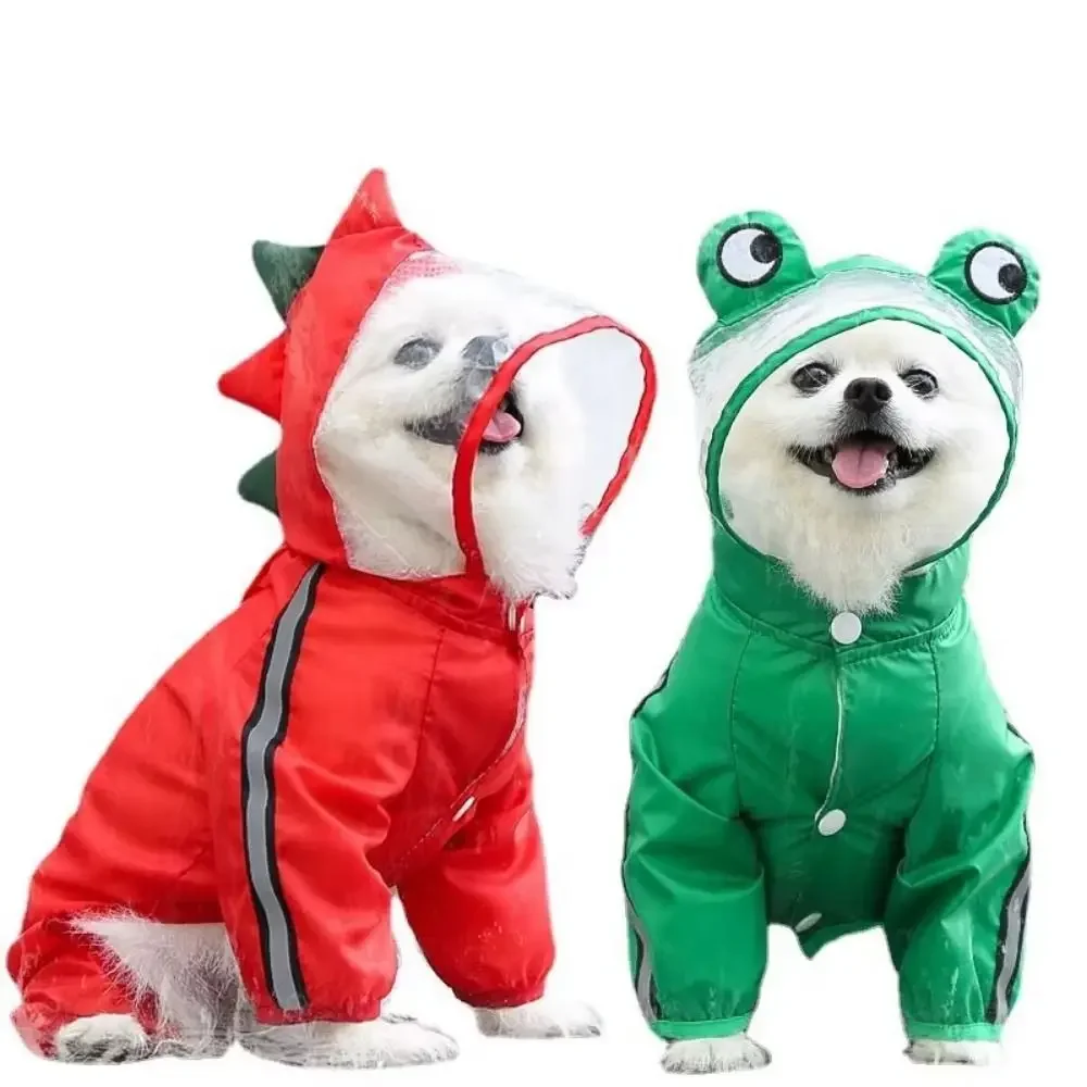 

Cartoon Dog Raincoat with Hood Funny Shape Adjustable 3D Frog Pet Poncho Full-Coverage Transparent Hat Four Legs Dog Costume